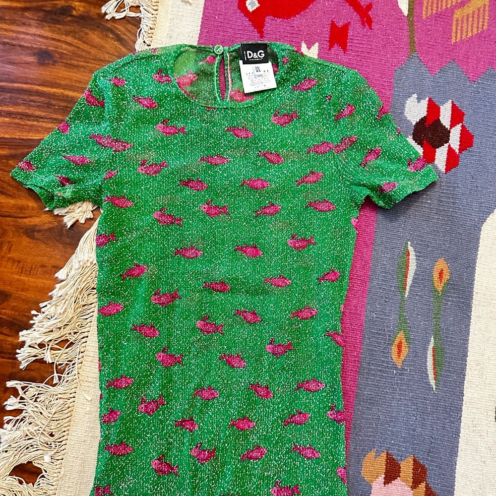 D&G Sparkling Green Mesh Top with Pink Fish Accents S